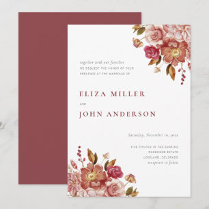 Marsala Modern Rustic Waterverf Floral Wedding Kaart