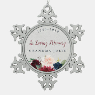 Marsala & Navy Floral gepersonaliseerd Memorial Tin Sneeuwvlok Ornament