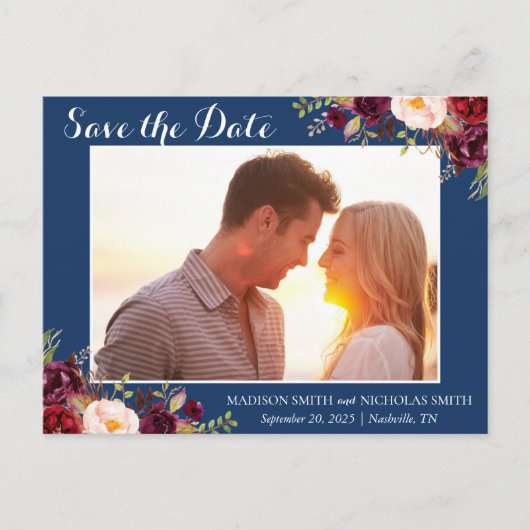 Marsala Navy Floral Photo Save The Date Briefkaart (Voorkant)