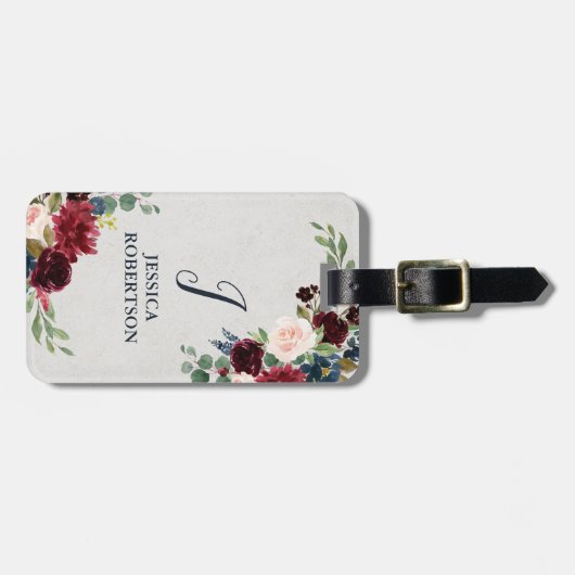 Marsala & Navy Floral Shabby Chic Monogram Aangepa Bagagelabel (Voorkant horizontaal)