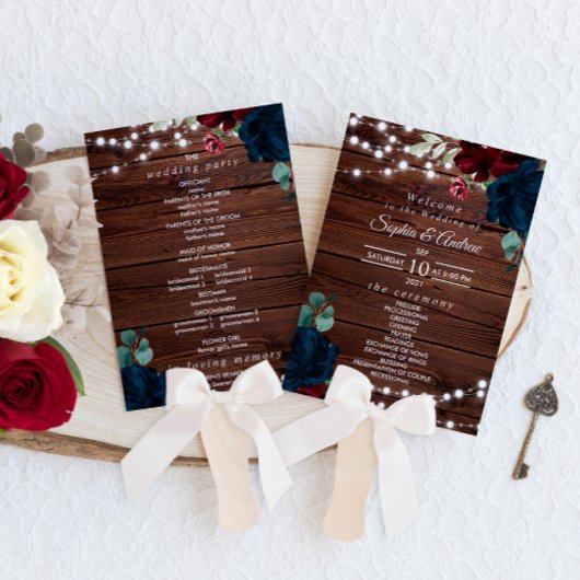 Marsala & Navy Flowers Rustic Wedding Set Fans Handwaaier