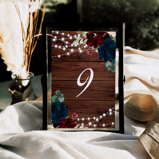 Marsala & Navy Flowers Rustic Wood 9 Tafelnummers