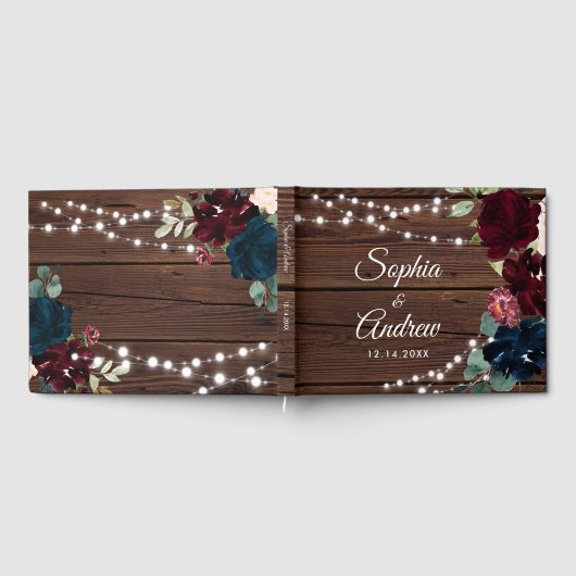 Marsala & Navy Flowers Rustic Wood Wedding Gastenboek (Volledig)