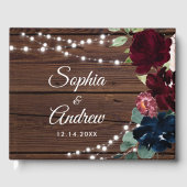 Marsala & Navy Flowers Rustic Wood Wedding Gastenboek (Voorkant)