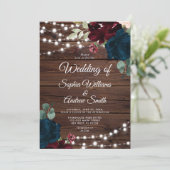 Marsala & Navy Flowers Rustic Wood Wedding Kaart (Staand voorkant)
