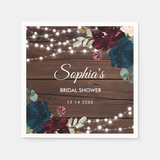 Marsala & Navy Flowers Rustiek Vrijgezellenfeest Servet (Voorkant)