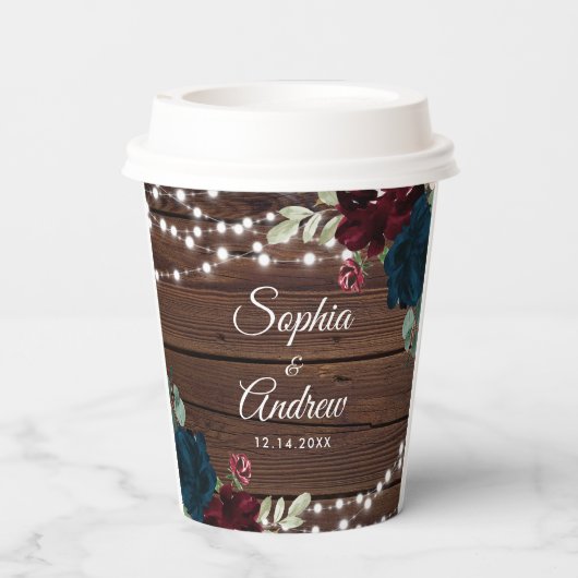 Marsala & Navy Rustiek Hout Bruiloft Papieren Bekers (Achterkant)