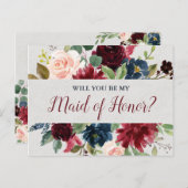 Marsala & Navy Wedding Floral Maid of Honor Briefkaart (Voorkant / Achterkant)