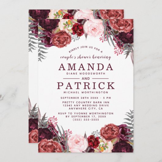 Marsala Peony Fall Boho Couples Douche Invitations (Devant / Derrière)