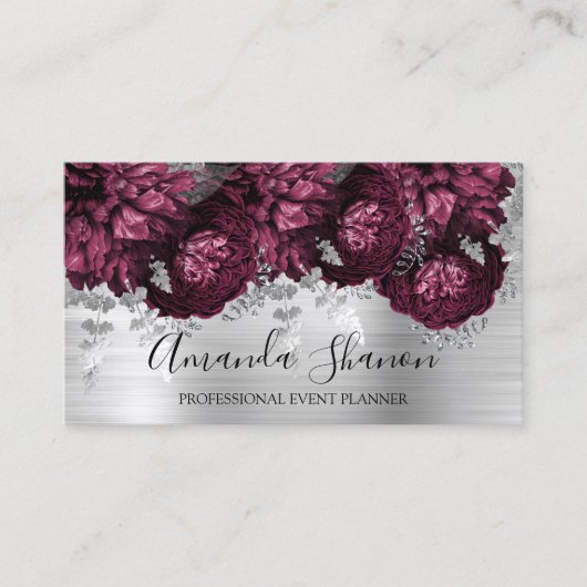 Marsala Peony Flowers Silver Logo Event Planner Visitekaartje (Voorkant)
