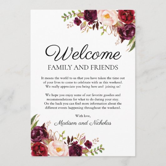 Marsala & Pink Floral Mariage Hotel Cartes de Bien (Devant)