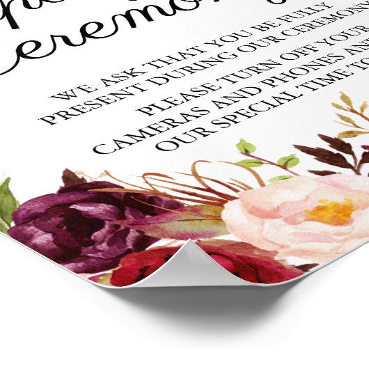 Marsala & Pink Floral Unplugged Ceremony Sign. Poster (Hoek)