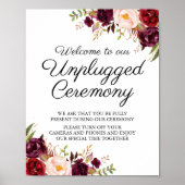 Marsala & Pink Floral Unplugged Ceremony Sign. Poster (Voorkant)