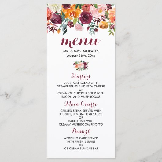 Marsala Pink Orange Botanical Garden Menu Mariage (Devant)