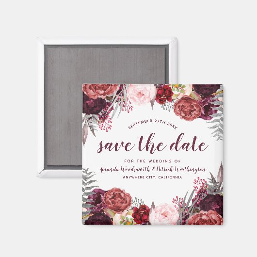 Marsala Pioen Herfst Bruiloft Save the Date Magnet Magneet (Voorkant / Achterkant)