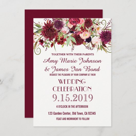 Marsala Red Bourgogne Floral Wedding Invitations (Devant / Derrière)