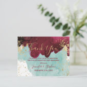 Marsala Rode Blauwgroen Waterverf Gold Splash Dank Briefkaart (Staand voorkant)