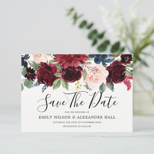 Marsala Rode Wijn Bourgondië Bloemen Bruiloft Save The Date (Staand voorkant)