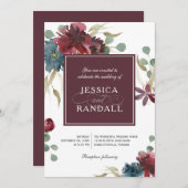 Marsala Rood en Navy Bloemen bruiloft uitnodiging (Voorkant / Achterkant)