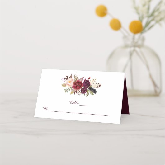 Marsala Rood Wit Rozen Boho veren Plaatskaarten (Voorkant)