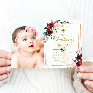 Marsala Roos & Gold Lijst Foto Girl Christening Kaart