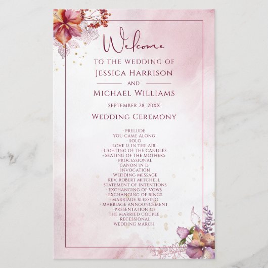 Marsala Roos Gold Waterverf Wedding Programme (Voorkant)