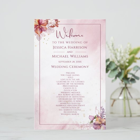 Marsala Rose Gold Watercolor Programme de mariage (Debout devant)