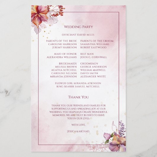 Marsala Rose Gold Watercolor Programme de mariage (Dos)