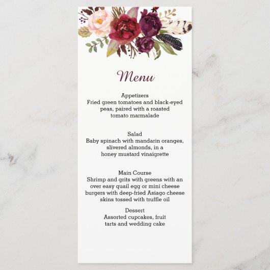 Marsala Rouge Blanc Roses Boho Feathes Menu (Devant)