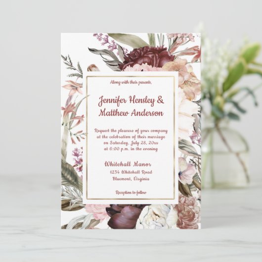 Marsala Sandy Peach Dusty Roos Bloemenbruiloft Kaart (Staand voorkant)