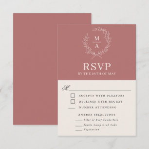 Marsala Simple Elegant Monogram RSVP met maaltijde Kaartje