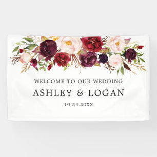 Marsala Watercolor Bloemen Bruiloft Welkom Spandoek
