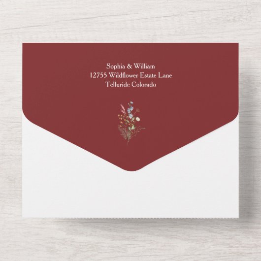 Marsala Waterverf Wildflower Simple Wedding All In One Uitnodiging (Achterkant)
