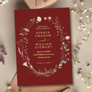 Marsala Waterverf Wildflower Theme Spring Wedding Folie Uitnodiging