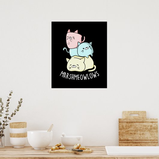 Marsh-meow-lows Funny Cat Marshmallow Pun Dark BG Poster (Keuken)