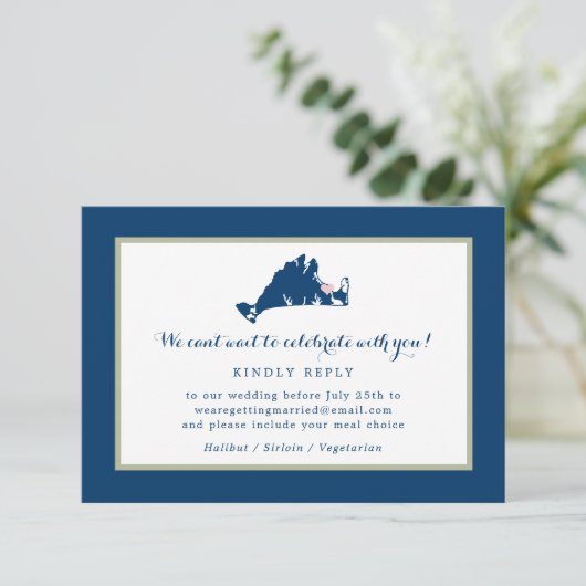 Marthas Vineyard Blue Map met Heart Wedding RSVP (Staand voorkant)