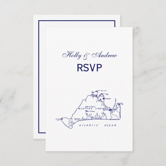 Martha's Vineyard Map #1 Navy Blue RSVP Kaartje (Voorkant / Achterkant)