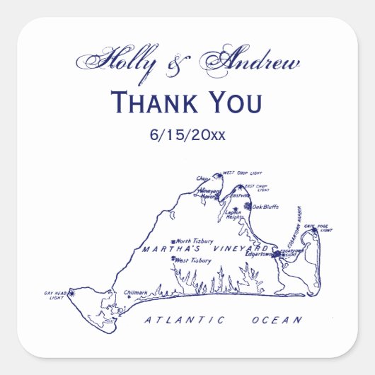 Martha's Vineyard  Map #1 Navy Blue Vierkante Sticker (Voorkant)