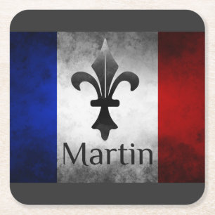 Martin Name with French Flag Vierkante Kartonnen Onderzetter
