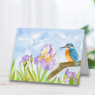 Martin-pêcheur à l'aquarelle avec iris violets