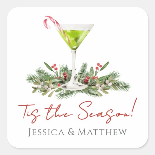 Martini and Mistletoe Candy Cane Cocktail Couples Vierkante Sticker (Voorkant)