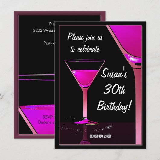 Martini Cocktail Pink Birthday Party Kaart (Voorkant / Achterkant)