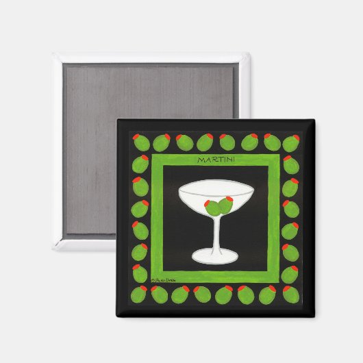 Martini Retro Drink groene olijven op zwart Magneet (Voorkant / Achterkant)