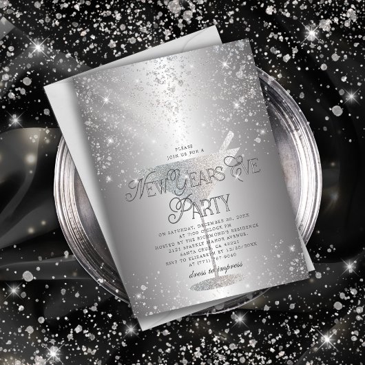 Martini Silver Glitter New Years Eve Party Kaart
