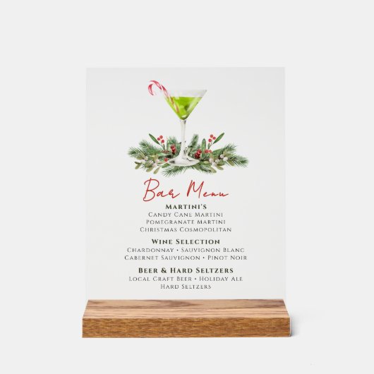 Martinis and Mistletoe Holiday Party Bar Menu Acryl Bord (Voorkant)