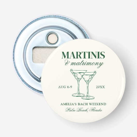 Martinis & Huwelijk Bachelorette Weekend Button Flesopener (Voorkant)