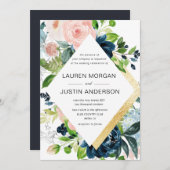 marvy blush floral gold border bruiloft uitnodigin kaart (Voorkant / Achterkant)