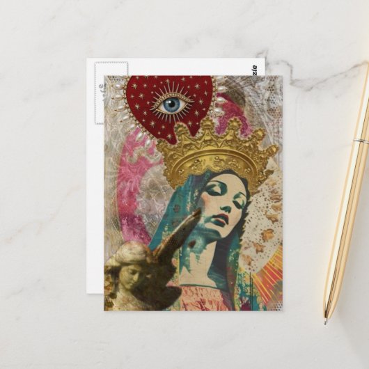 Mary and Angel Mixed Media Collage Briefkaart (Voorkant / Achterkant in situ)