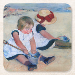 Mary Cassatt Kinderen spelen op het strand 1884 Vierkante Kartonnen Onderzetter