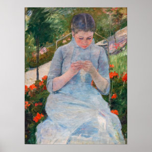 Mary Cassatt - Meisje naait in een tuin Poster